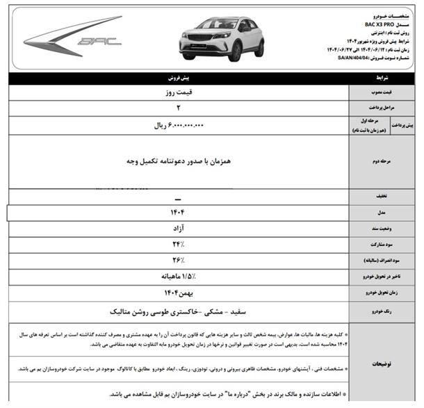 شرایط جدید فروش خودرو بک X3 (شهریور 1404)